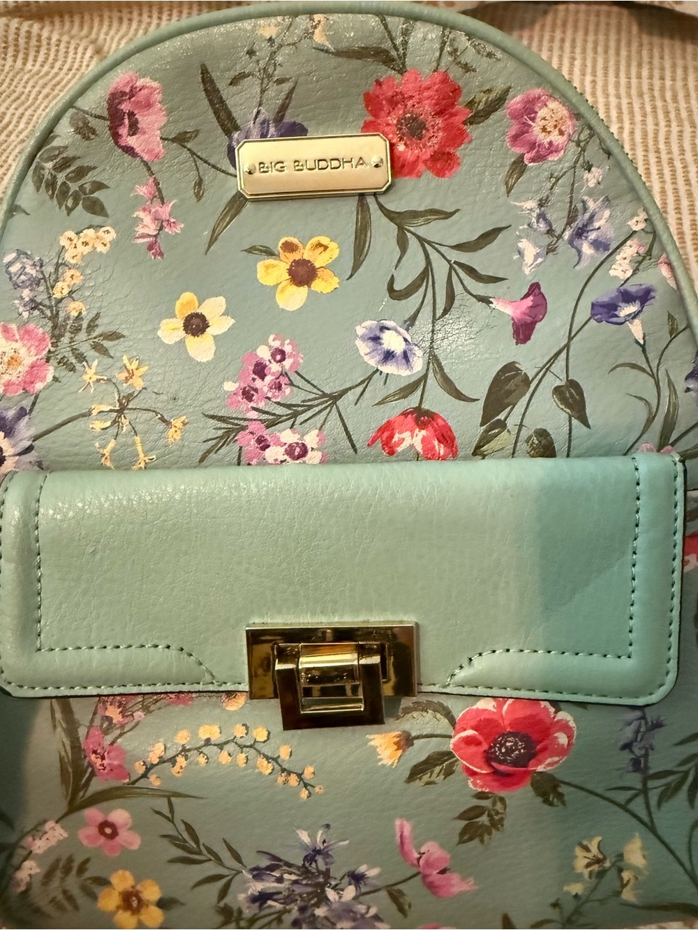Big Buddha Mint Green Floral Mini Backpack with Gold Hardware - Picture 2 of 10